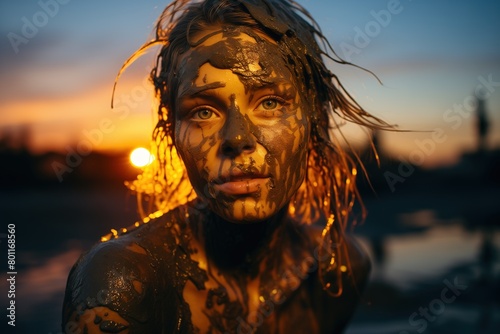 Young woman taking mud baths at sunset photo