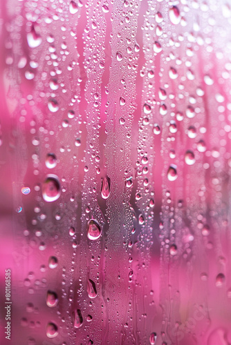 Foggy pink glass with drops and streaks of water. Vertical background for tik tok, instagram, stories. Generated by artificial intelligence