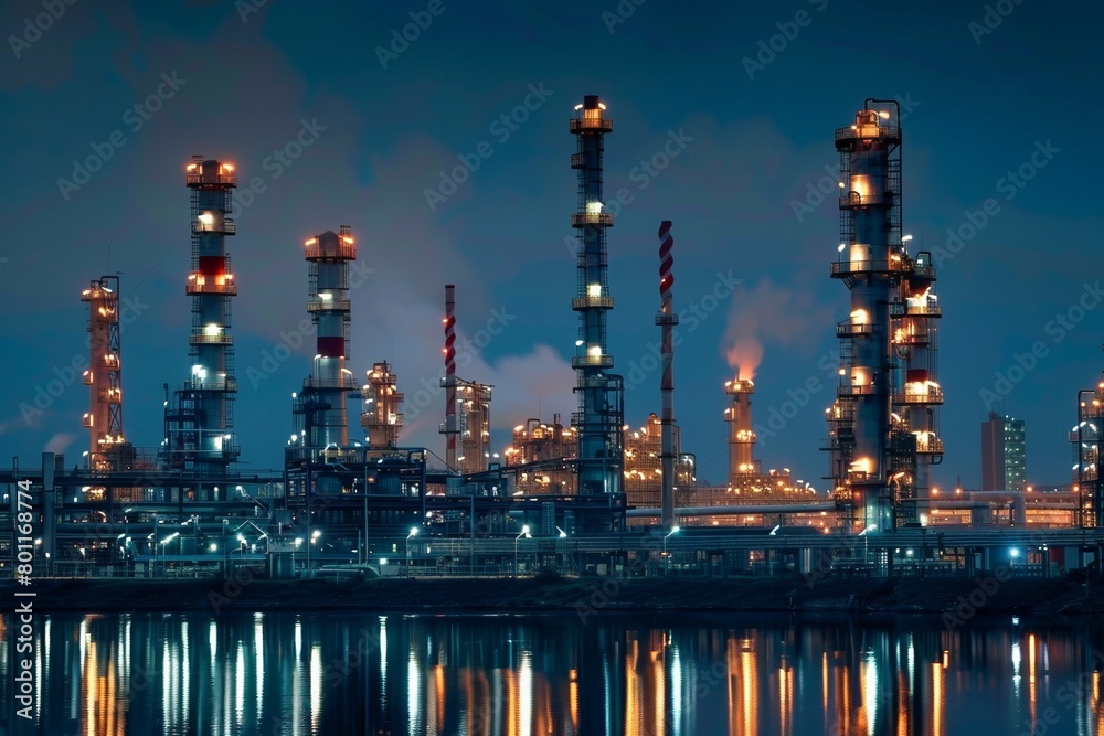 Fototapeta premium Night View of Illuminated Industrial Plant 