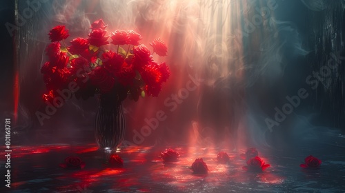   A vase  filled with red flowers  rests atop a table Nearby  a wall is adorned with red and white lights