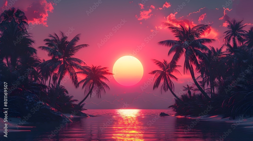 Retro-Futuristic Sunset: A Neon-Hued Palm Tree Landscape with Gradient Hues