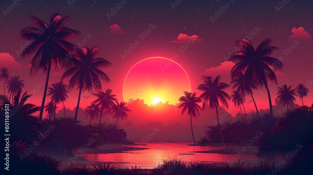 Retro-Futuristic Sunset: A Nostalgic Dusk with Neon Palm Trees