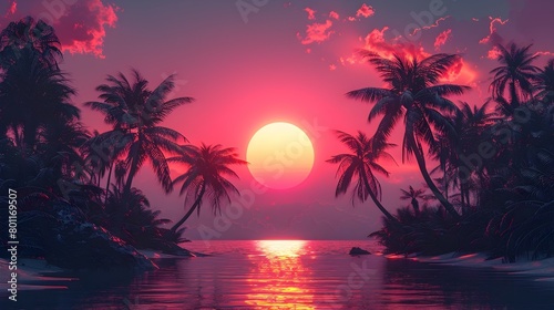 Retro-Futuristic Sunset: A Neon-Hued Palm Tree Landscape with Gradient Hues