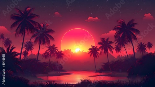 Retro-Futuristic Sunset: A Nostalgic Dusk with Neon Palm Trees © kiatipol
