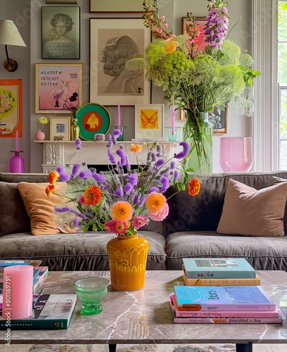 Spring colorful interior design of livingroom. A bouquet of meadow flowers on the table.