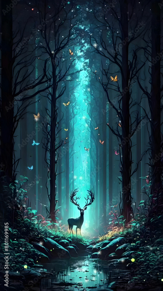 A deer standing in a forest at night against the light