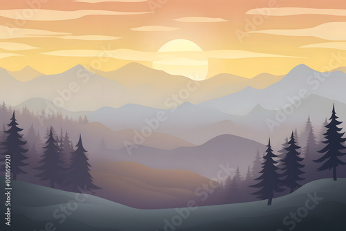 Dawn's Embrace, Misty Hills with Fir Trees. Realistic hills landscape. Vector background
