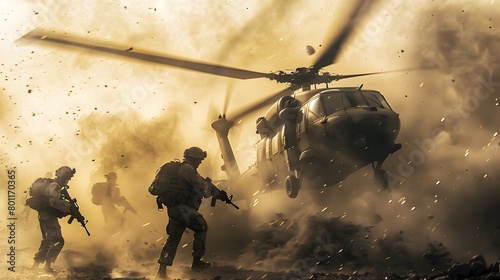 Soldiers Disembarking from Military Helicopter in Hot Landing Zone Amid Intense Dust and Rotor Wash During Rapid Aerial Deployment photo