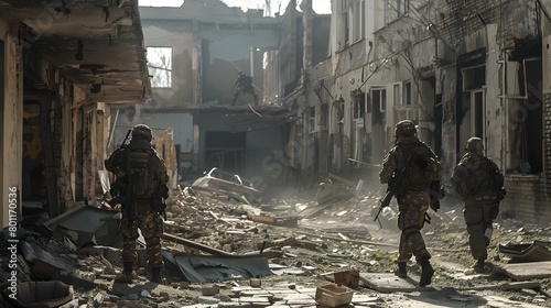 Special Forces Team Advancing Through Debris Strewn Urban Warzone Poised and Alert