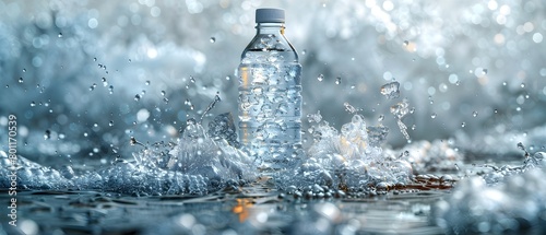 Sparkling Ice Chips Cascading Around an Empty Bottle in a Dynamic Scene of Freshness and Purity photo