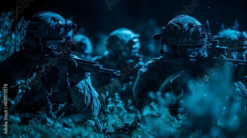 Stealthy Night by Highly Trained Military Squad Equipped with Advanced Night Vision Technology Moving Cautiously through the Darkness on a Crucial
