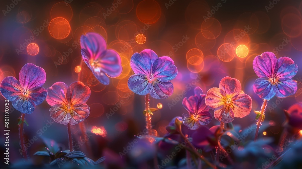 A collection of purple flowers sits atop a verdant field adjacent to a forest A collection of purple flowers sits atop a verdant field adjacent to a forest