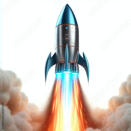 Rocket in space. 3D rendered Illustration. Isolated on white.