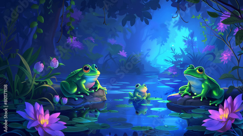 Two animated frogs on lily pads in a serene moonlit water scene with purple flowers © Rajesh