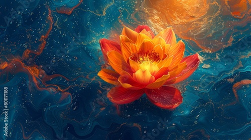   A red-and-yellow flower floats atop a blue and yellow liquid-filled body of water  surrounded by bubbles in the background