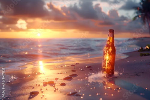 Tranquil Seaside Landscape Mockup Bottle HalfBuried at Sunset Beach