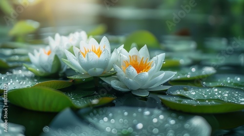  A collection of white water lilies atop a verdant pond, dotted with droplets on their foliage