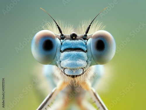 Macro shot of dragonfly showcasing intricate eye patterns and vibrant coloration. © cherezoff