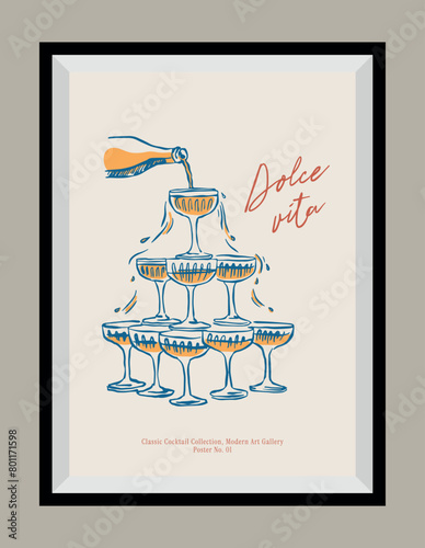 Minimal hand drawn vector wine illustration with aesthetic quote in a poster frame. Matisse style illustrations.