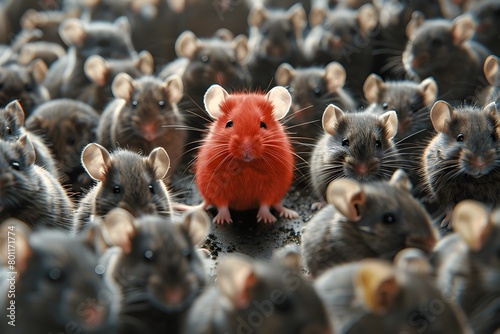 Unique Red Mouse Standing Out Amid Crowded Group of Rodents photo