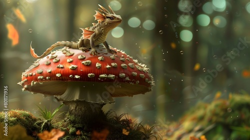 a small dragon sitting on top of a mushroom next to autumn leaves
