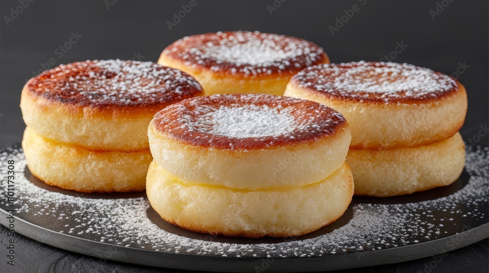 A tight shot of a plate displaying doughnuts dusted with powdered sugar A tight shot of a plate displaying doughnuts dusted with powdered sugar
