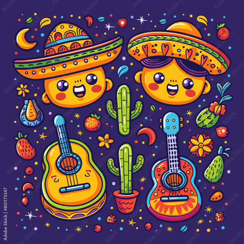 Colorful illustration featuring two smiling characters wearing sombreros, surrounded by cacti, guitars, and fruits on a dark background. Colorful illustration featuring two smiling characters wearing sombreros, surrounded by cacti, guitars, and fruits on a dark background.