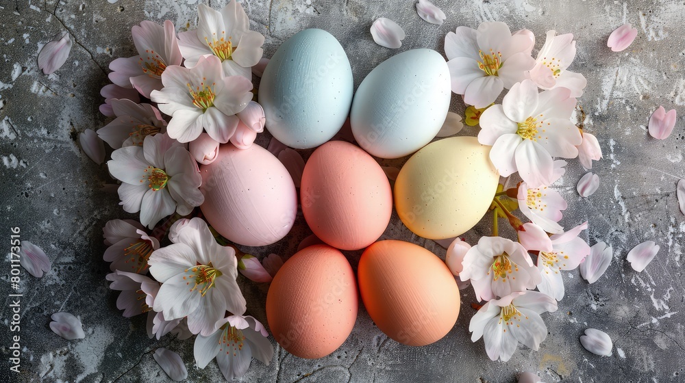 A creative Easter composition featuring eggs in pastel shades, each positioned at the center of a sakura bloom. 