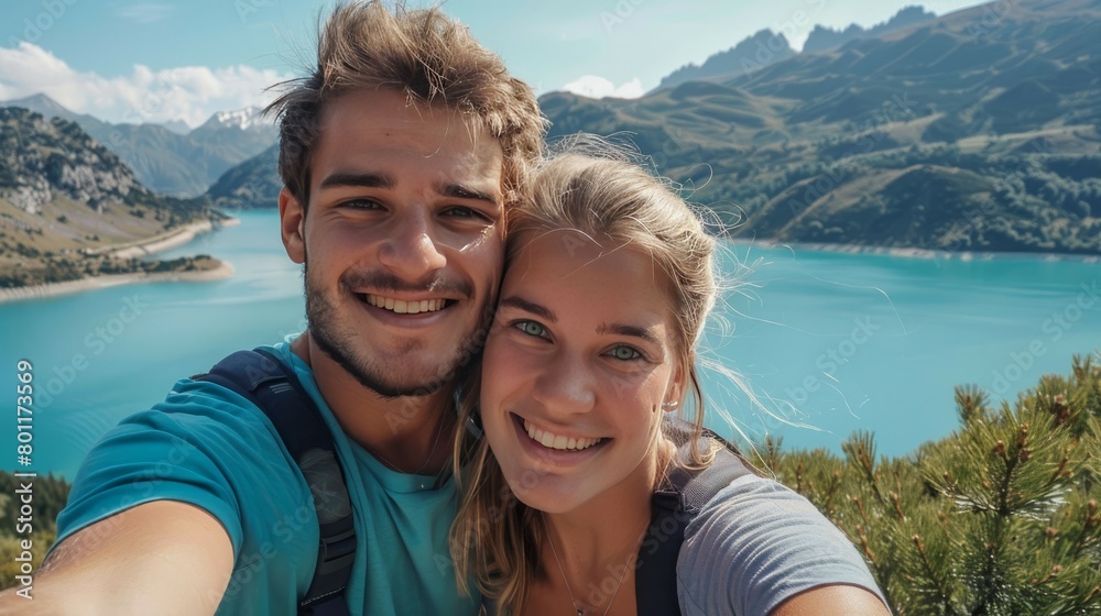 A happy couple is taking a selfie while hiking in the mountains, with a beautiful lake and mountain view in the background.