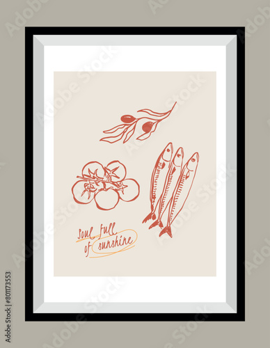 Minimal hand drawn vector dolce vita illustration with aesthetic quote in a poster frame. Matisse style illustrations.