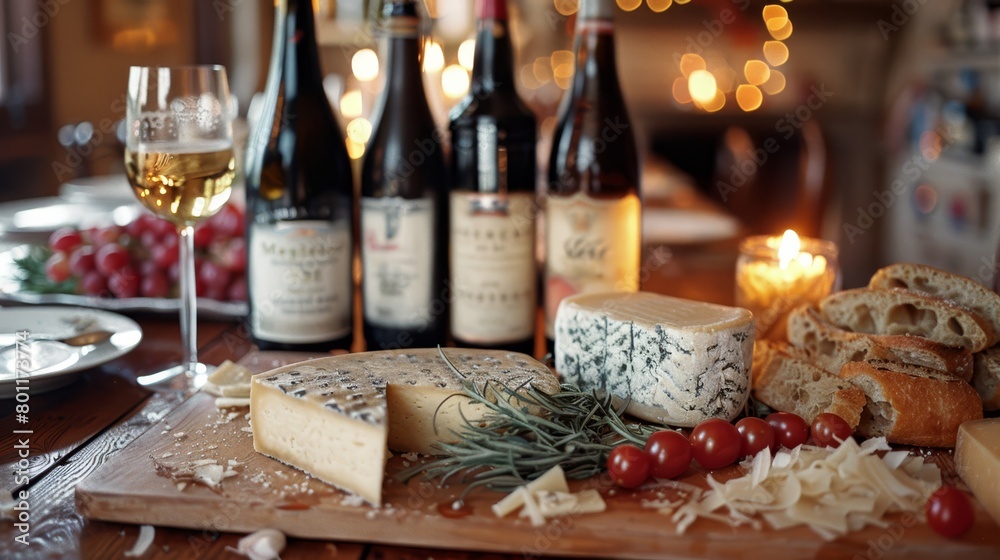   A wooden cutting board, laden with an assortment of cheeses, stands near bottles of wine and a separate plate bearing more cheese and bread