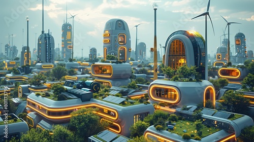 An eco-friendly utopian cityscape, where renewable energy sources are seamlessly integrated into the urban infrastructure. solar panels, wind turbines adorn the futuristic buildings. Generative AI. photo