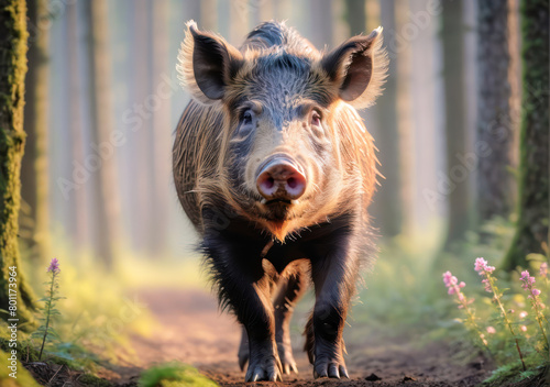 Wild boar walks in the autumn forest. Beautiful Animal in the Natural Habitat