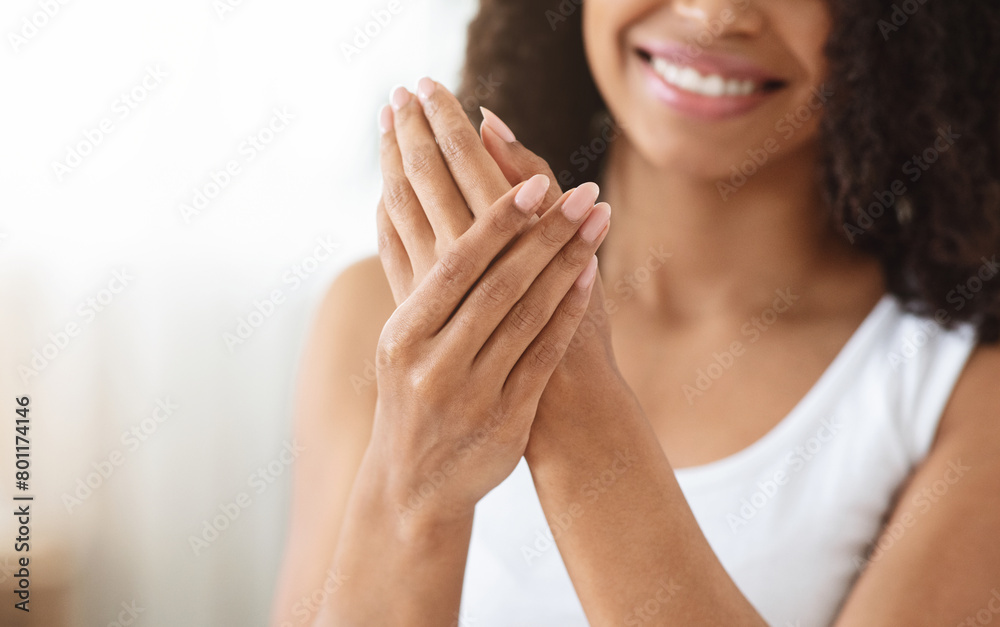 Skincare For Hands. Unrecognizable Black Woman Enjoying Her Soft Moisturized Skin Skincare For Hands. Unrecognizable Black Woman Enjoying Her Soft Moisturized Skin