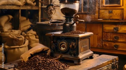 Vintage Coffee Grinder and Hand Poured Brewing Setup with Burlap Sack Background Showcasing Timeless Artisanal Brewing