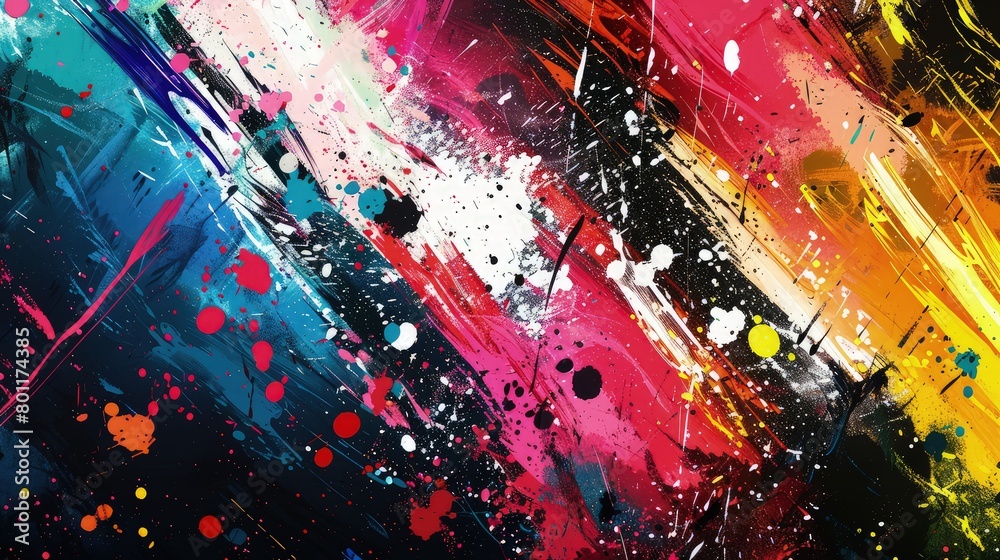 A dynamic and colorful abstract background, where bold brush strokes meet splattered paint textures. 