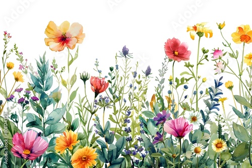 Watercolor Wildflower Clipart  A Vibrant Medley of Colorful Blooms and Lush Greenery