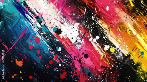 A dynamic and colorful abstract background  where bold brush strokes meet splattered paint textures. 