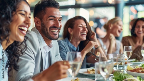 A business team bonding over lunch, their faces relaxed and happy. They are sharing stories and laughing, and the atmosphere is warm and friendly.