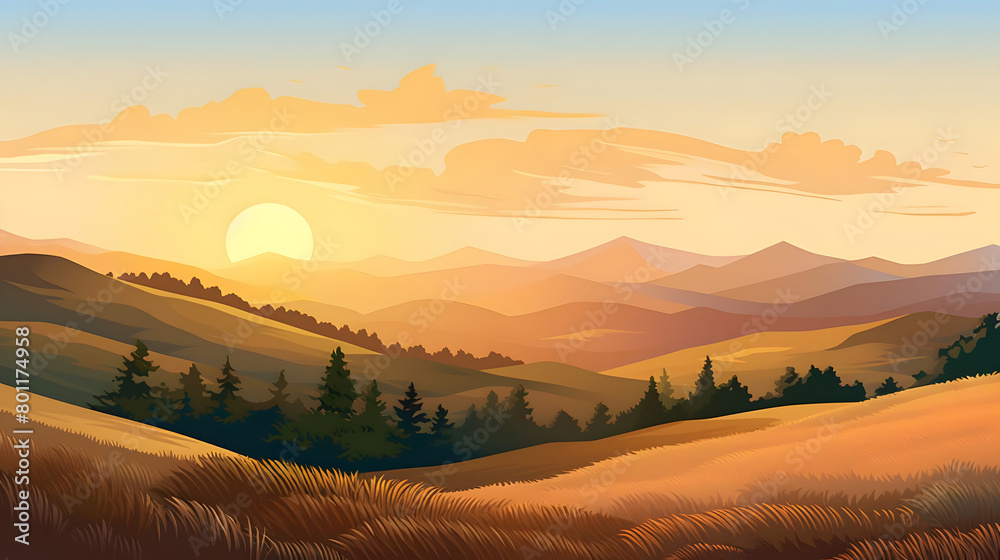 Sunrise Glow, Sun kissed Hills with Chestnut Trees. Realistic hills landscape. Vector background