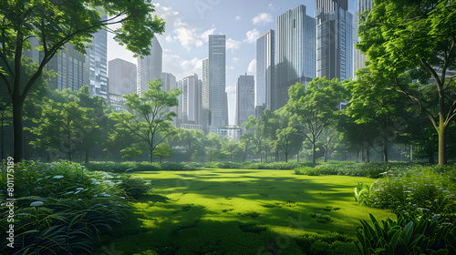Lush Green Oasis in the Heart of a Thriving Metropolis:Downtown Business District Surrounded by Verdant Public Park