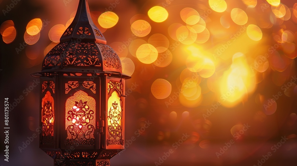 An ornate metal lantern with a glowing candle inside. The background is blurry and contains many glowing lights.

