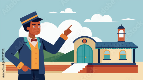 A tour guide points out details of a preserved train station explaining its role in the transportation of formerly people during the first Juneteenth. Vector illustration