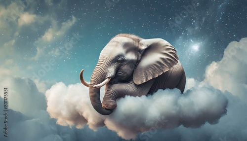 Whimsical Dreams: Tiny Elephant Resting on Cottony Clouds