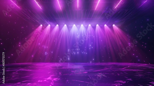 A purple spotlight shines on an empty stage with a circular platform.
