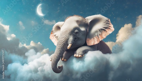 Dreamland Serenity: A Cute Little Elephant on Clouds
