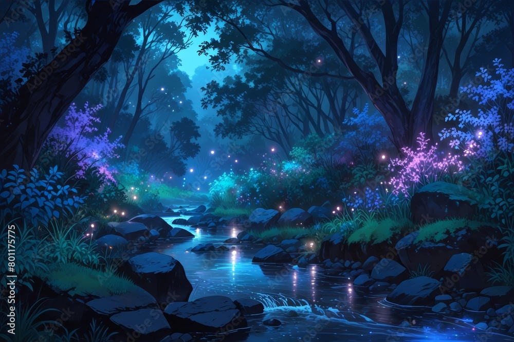 Fantasy dark forest with a stream - Anime painting poster
