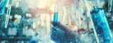The hand of a scientist holding a test tube with blue liquid and equipment for medical or scientific research against a background of a laboratory, in a double exposure photograph. 
