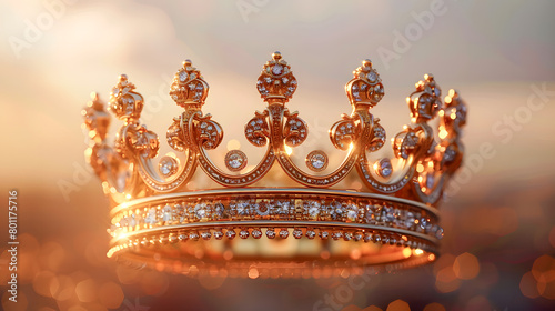 A regal and elegant golden crown hangs in mid-air against a pure and crystal-clear background photo