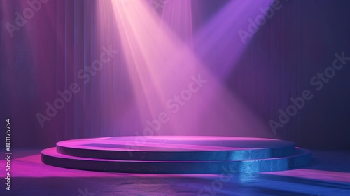 A purple spotlight shines on an empty stage with a circular platform.

